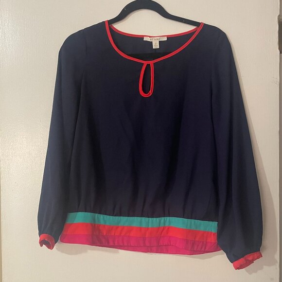 Miami Tops - Miami Navy Blue Long‎ Sleeve Blouse Top Keyhole Neckline Colorblock Retro Sz S